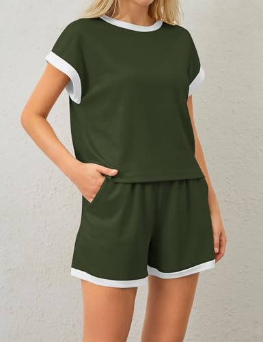 Image of MISSACTIVER 2 Piece Lounge Set Women Stripe Knit Short Sleeve Tee Shirts Shorts Casual Summer Loungewear Shorts Sets
