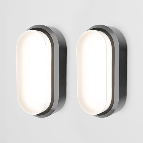 HOFTRONIC - Lote de 2 lámparas LED de bodega (12 W, 1160 lm, ovalada, IP54, aplique de pared, 4000 K, blanco neutro, aplique de techo para cuarto de baño, bodega y garaje, taller, etc