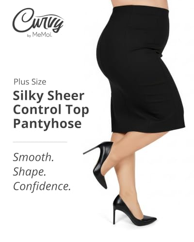Image of MeMoi Plus Size Curvy Control Top Pantyhose for Women, Comfortable Silky Sheer Pantyhose, Lightweight Womens Stockings