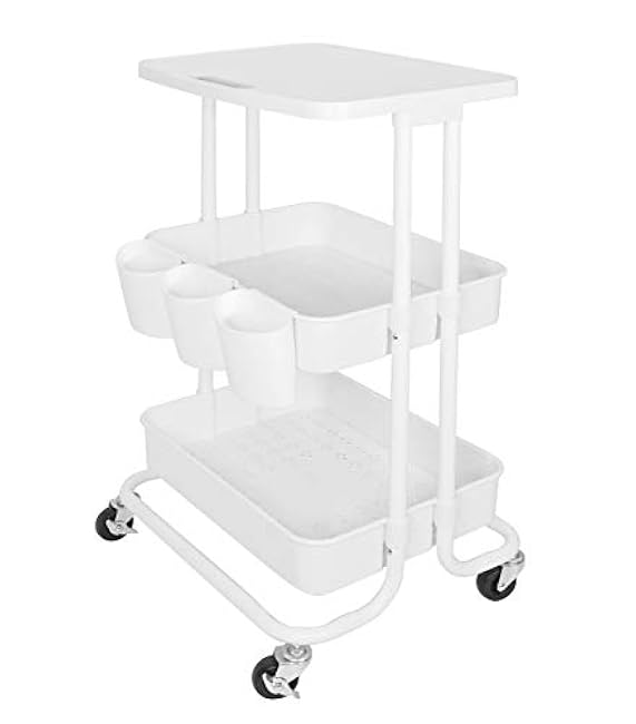 3 Tier Rolling Cart with Table Top, White Kitchen Storage Cart with Hanging Cups & Hooks, Metal Frame with Plasitc Baskets, Functional Mobile Utility Carts for School Supplies,Baby Essentials-8mOnGT1M