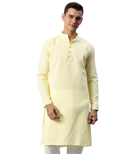 Image of Majestic Man Men's Cotton Regular Fit Casual Mandarin Collar Ethnic Motifs Solid Long Kurta