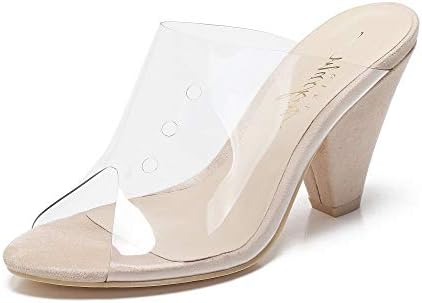 Mackin Girl G502-1 Women's Clear Sandals Open Toe Slip On Mule Chunky Heel Dress Shoes Beige 7