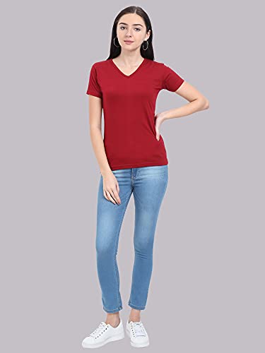 Image of FLEXIMAA Women's Cotton Plain V Neck Half Sleeve T-Shirt