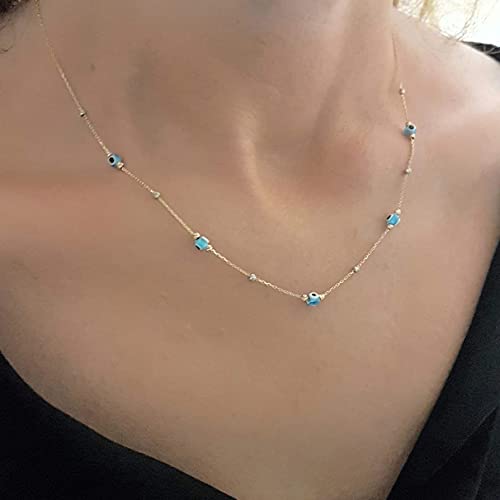 Cleopatra Gold&Silver 14K Real Solid Gold Lucky Blue Beaded Evil Eye And Italian Balls Dainty Charm Pendant Necklace For Women thumb #3