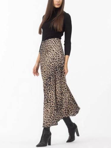 ebossy Women's Elegant Leopard Print Long Satin Skirt Silk Dressy Hidden Elastic Waist Flared A-Line Maxi Skirts3