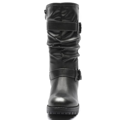 Image of GLOBALWIN Chunky Mid Calf Fashion Dressy Motocycle Biker Military Style Combat Boots for Women Low Heel