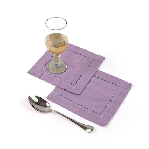 Image of Fingercraft Cotton Cocktail Napkins 6x6 Inches - Set of 12 Reusable Cloth Beverage Coasters with Elegant Ladder Hemstitch - Perfect for Parties, Bars & Home Use (Lavender Slub)