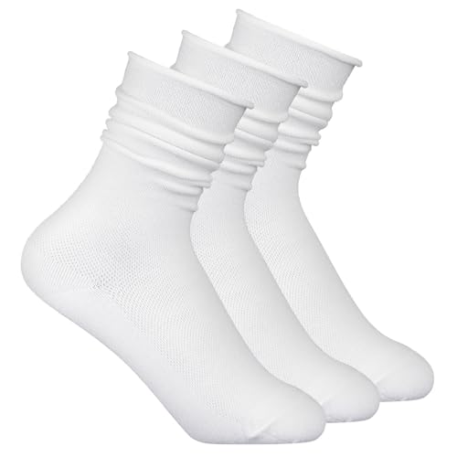 DIVINA VITAE 3 Pairs White Crimping Stacked Athletic Womens Slouchy Socks White Thin Cotton Slouchy Socks Casual Athletic Stacked Sock Aesthetic Crew Stretch Neutral Sock for Women