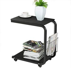 DlandHome U-Shaped Side Table Laptop Stand with Wheels Basket Desk for Bed Sofa Hospital Reading Eating，Black