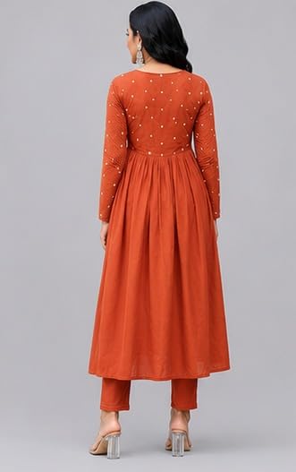 Image of Women's Long Kurta Set with Pant Polka Dots, Embroidered, V-Neck Empire Waist, Full Sleeves