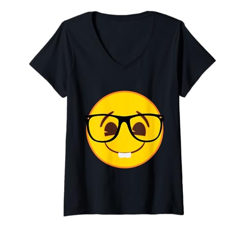 Femme Lunettes Officielles Emoji Nerd Jaune Sourire Visage T-Shirt avec Col en V