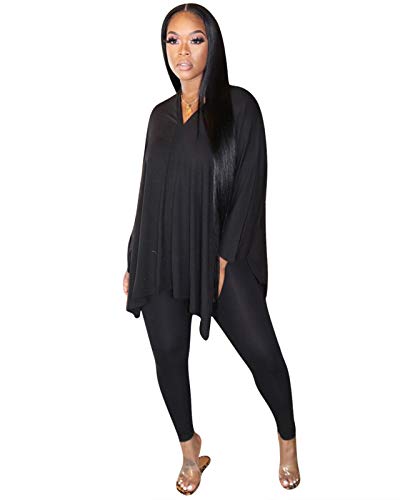 Women 2 Piece Outfit Sets Casual Oversized V Neck T-Shirt Tops Bodycon Long Pants Workout Sports Tracksuit Black S