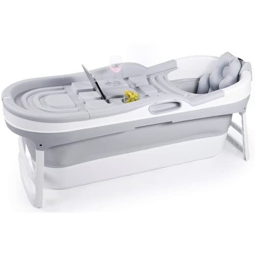 Hello Bath Vikbar badbalja för vuxna - 148cm - 220L - Extra långt - Inklusive badkudde & förvaringsskydd - Grå