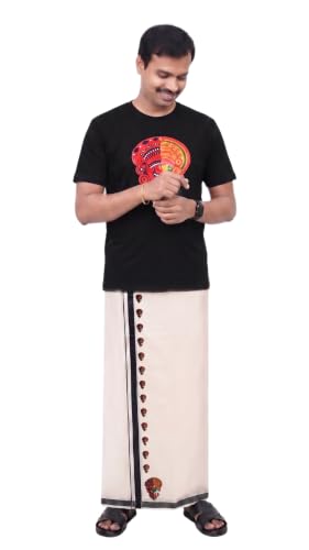 Image of Mens Print along with Border 100% Cotton Cream Dhoti 4.00 Meters Double Mundu /Vesti