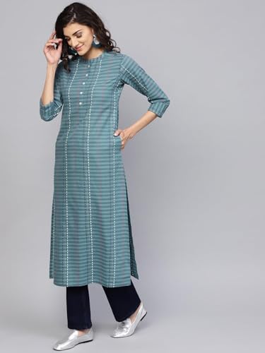 Image of Gerua Striped Cotton Straight Kurta Grey