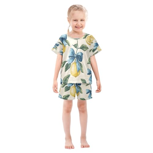 Pajama Sets Short Sleeve Lemon Blue Ribbon Pattern Soft Cotton Summer Sleepwear 2 Piece PJS Size 5-14T4
