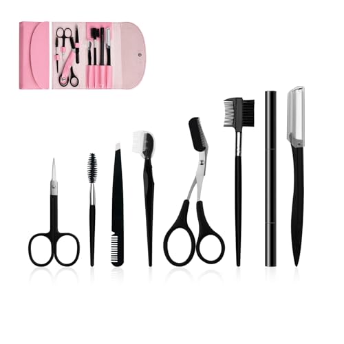 Eyebrow Grooming & Trimming Kit, 8-Piece Stainless Steel Tweezers, Scissors & Razor with Protective Guards & Detailed Guide – Portable Travel Case for Women & Men ﻿ ﻿
