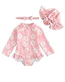 UV Badebekleidung Baby Badeanzug Mädchen Gr 62-98, Langarm UV Kleidung Baby UV Shirt Mit Hut & Stirnband, Kleinkinder UV Anzug Schwimmanzug Schutz, Rosa Blume 3-6 Monate/62-68