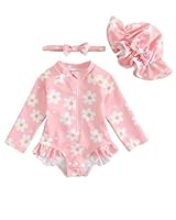 UV Badebekleidung Baby Badeanzug Mädchen Gr 62-98, Langarm UV Kleidung Baby UV Shirt Mit Hut & Stirnband, Kleinkinder UV Anzug Schwimmanzug Schutz, Rosa Blume 2-3 Jahre/92-98