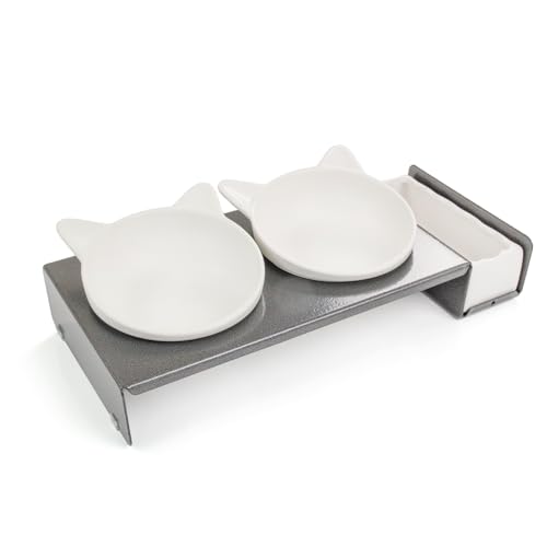 CanadianCat Company | Katzennapf, Fressnapf Katze erhöhte Schüssel Cat Diner, 3er Keramik Napf austauschbar, Elegante Designer Futterstation aus Metall, grau/weiß, ca. 40,5 x 18,5 x 7 cm