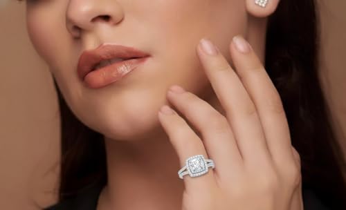 Image of 55Carat Choose Your Gemstone Double Band Square Halo Diamond CZ Ring 925 Sterling Silver Round Shape Halo Engagement Rings Everyday Jewelry Wedding Jewelry Handmade Gifts for Wife US Size 4 to 12