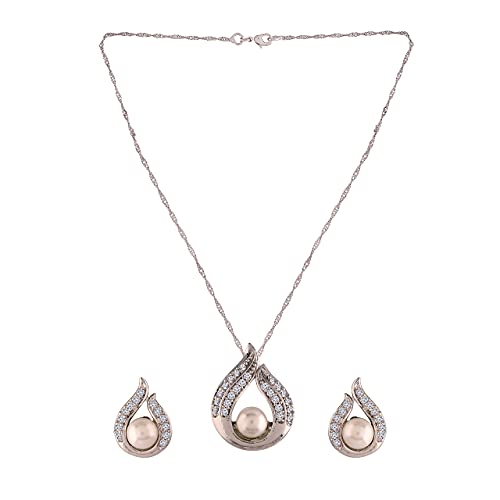 Image of I Jewels Glittering Cubic Zirconia Designer Chain Pendent Necklace With Earrings Set for Women