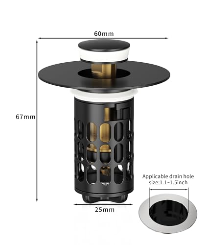 Image of QYHNYJF Upgraded Bathroom Sink Stopper with Hair Catcher - Universal Pop-Up Drain Plug, Stainless Steel & Silicone Seal for 1.1-1.5 Inch Drains, Matte Black Finish (Matte Black)