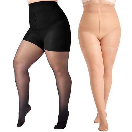 2 Pairs Plus Size Control Top Pantyhose Ultra-High Waist Tights 40D Sheer Shaping Support Stockings
