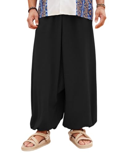 Image of Leriya Fashion Men's Boho Hippie Harem Pants | Black Printed Wide-Leg Trousers | Koren Streetwear Loose Baggy Fit Summer Lounge Yoga Lowers | Men's Solid Cowl Dhoti Pants | Relaxed Fit Draped Harem