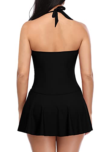 Shekini Women's Halter One Piece Skirt Swimsuit Ruched Swimdress Tummy Control Bathing Suit (Manhattan Black, Large) #TOP1