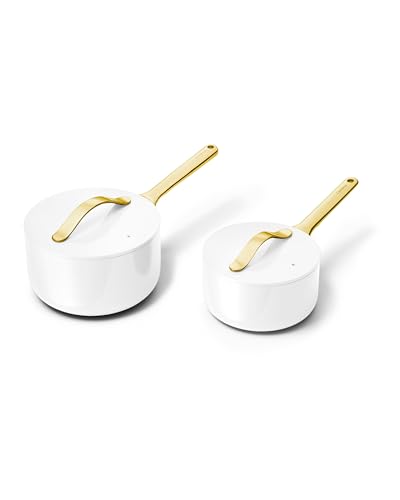 Image of Caraway Nonstick Ceramic Sauce Pans with Lids (3 qt & 1.75 qt) - Non Toxic, PTFE & PFOA Free - Oven Safe & Compatible with All Stovetops (Gas, Electric & Induction) - White