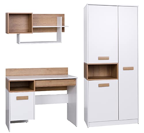 Marmex Kinderzimmer Komplettes Set Grant I, im Set: Kleiderschrank G1, Schreibtisch G2, Wandregal G3 - Jugendzimmermöbel-Set - Farbe Weiß + Riviera Eiche