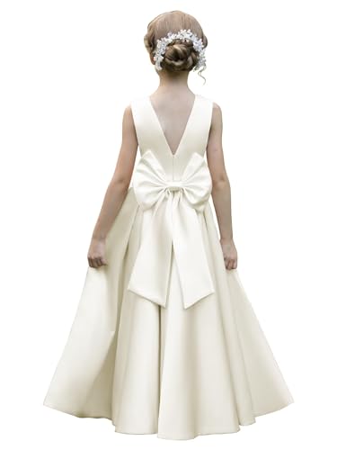 Girl's Glossy Satin Maxi Dress V-Back Formal Wedding Flower Girls Dresses Silky First Communion Gown