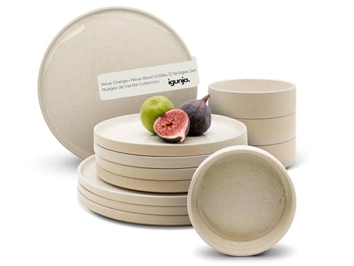 igunja Service de table en faïence 12 pièces pour 4 personnes - Qualité supérieure - Passe au lave-vaisselle - Résistant aux rayures - Extérieur mat - Intérieur brillant - Service de table - Assiettes