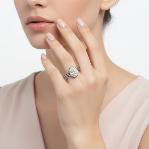 Image of Choose Your Gemstone Oval Halo Rollover Diamond CZ Wedding Ring Yellow Gold Plated Oval Shape Wedding Ring Sets Matching Jewelry Wedding Jewelry Easy to Wear Gifts US Size 4 to 12
