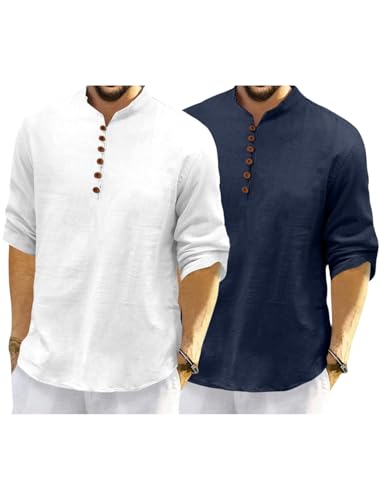 Image of Macsivo Men's Cotton Blend Kurta with Solid Band Collar Full Sleeve Button Closure Regular Fit Curved Hem Length | Kurta for Man | Combo Pack of 2
