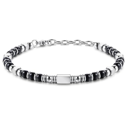 LOLIAS Armband Herren Perlenarmband Damen Obsidian Edelstein Armbänder Edelstahl Armband Beste Freundin Damen Geschenke Schmuck Armband Silber 4MM