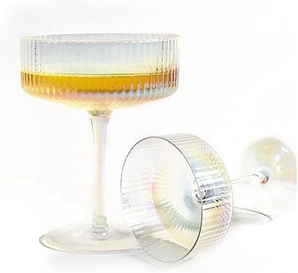whatAmug Set of 2 Iridescent Champagne Coupe Glasses, Rainbow Ribbed Glass Set Gifts, Colorful Cocktail Glasses, Vintage Stem Design for Martini, Margarita, Champagne, Tequila-Based Drinks