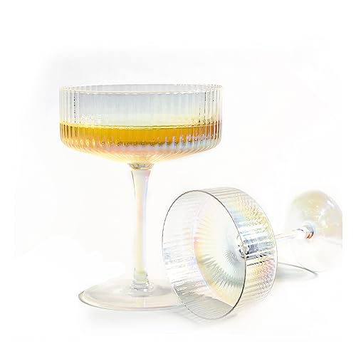 Whatamug Set Of 2 Iridescent Champagne Coupe Glasses, Rainbow Ribbed Glass Set Gifts, Colorful Cocktail Glasses, Vintage Stem Design For Martini, Margarita, Champagne, Tequila-Based Drinks #TOP15