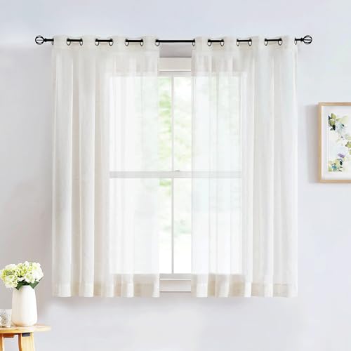 Image of FMFUNCTEX Linen Sheer Curtains for Bedroom, Beige Curtains 54 Inches Long Short Semi Sheer Draperies for Living Room, Natural Cream White Light Filtering Farmhouse Curtain, Grommet Top 2 Panels