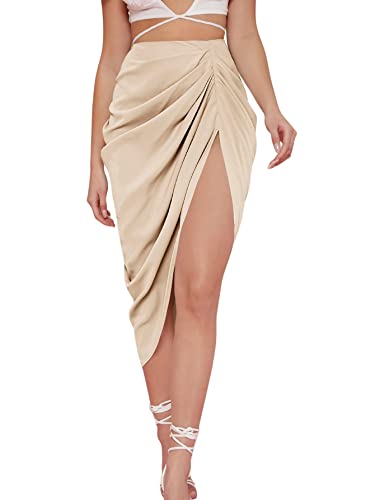 WDIRARA Women's Split Front Satin Skirts High Waist Ruched Wrap Skirt