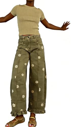 utcoco Barrel Jeans Women 2026 Floral Print Wide Leg Jeans Y2k Patchwork Baggy Boyfriend Denim Pants (Medium, Army Green Floral) - 5