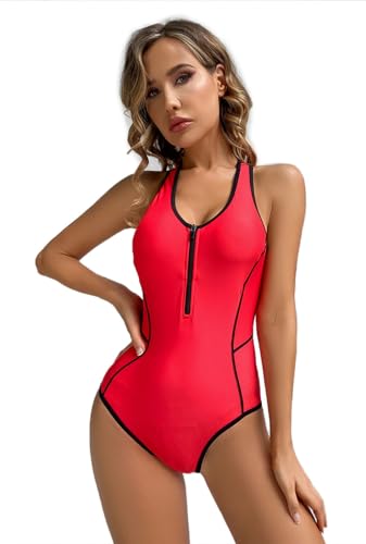 Mrkeung Traje de baño de una pieza para mujer, con espalda cruzada, para surf, buceo, para mujer, Rojo -, Large