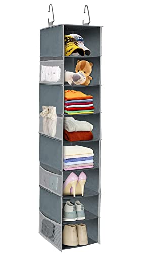 Roomtalk Large-Sized Hanging Shoe Organizer 8-Shelves, Hanging Closet Clothes Organizer With 8 Side Pockets, Wider Hanging Shoe Shelves, Shoe Rack Closet, Shoe Hanger 9" W × 11.8" D× 48" H, Grey #TOP23