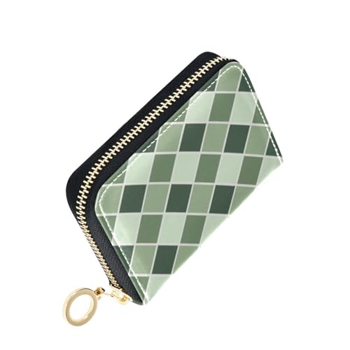 Women's Green Rhombus Lattice Credit Card Holder Wallet Leather Zipper Card Case for Ladies Girls 20300940