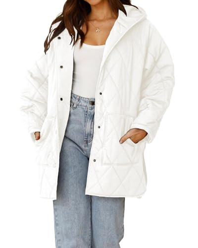 WHN Women’s Cropped Puffer Jacket Long Sleeve Winter Puffy Short Warm Casual Quilted Coat with Removable Hood Cream White L
