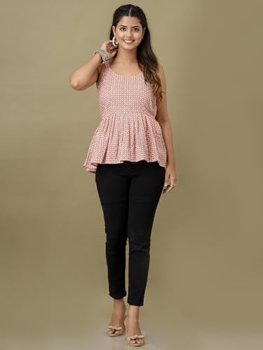 Image of feranoid Women Cotton Printed Sleeveless Strap Peplum Top