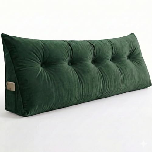 Image of Luxury Velvet Tufted Wedge Pillow with Side Pocket - Soft Headboard Back Support Cushion for Bed, Sofa & Floor Seating - Green Color