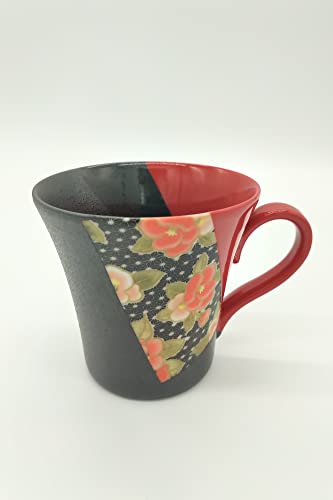 Tazza giapponese in ceramica Mino-yaki, tazza da tè e caffè 270 ml, Yuzen laccato nero e rosso con motivi floreali, nero K14267