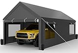 JAMFLY Carport, 10x20 ft Heavy Duty Carport with Roll-up Windows, Portable Garage with Removable Sidewalls & Doors, Car Canopy with Sandbags and All-Season Tarp for Car Boat Truck Motorcycle